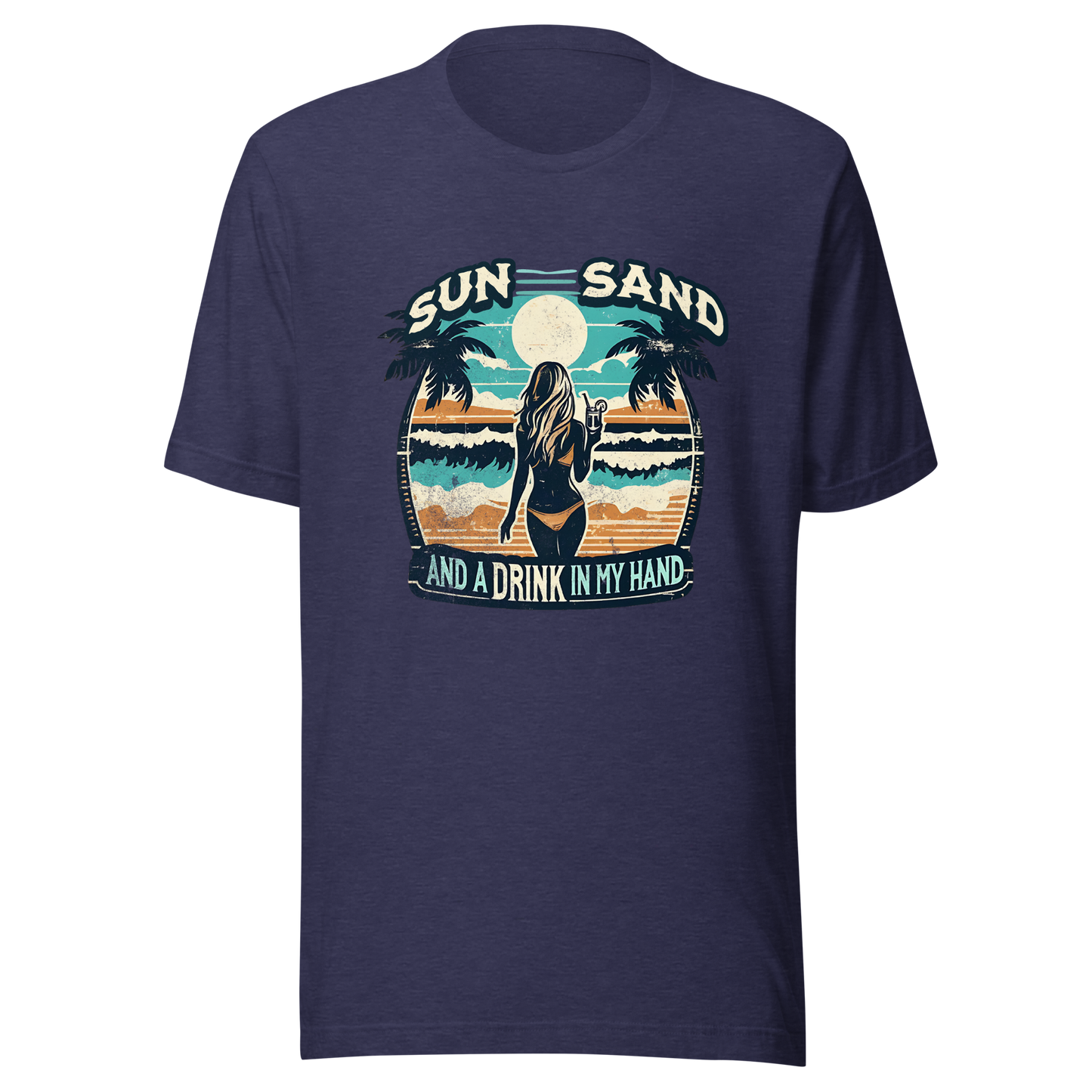 Woman with cocktail on beach on 'Sun, Sand, and a Drink in My Hand' tee, showcasing ocean and sun background