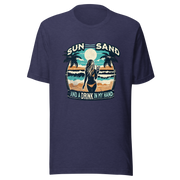 Woman with cocktail on beach on 'Sun, Sand, and a Drink in My Hand' tee, showcasing ocean and sun background