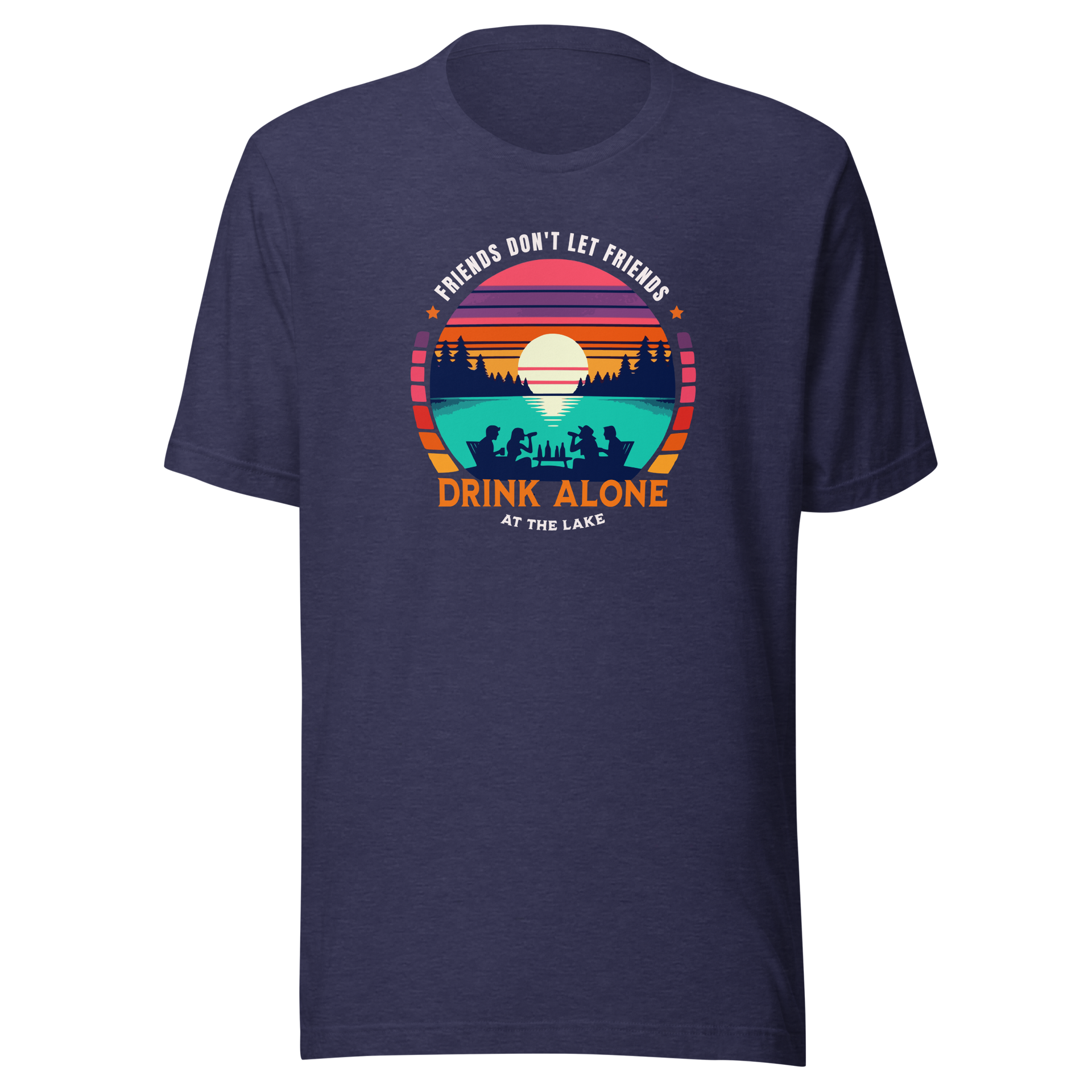 Tee showcasing "Friends Don't Let Friends Drink Alone at the Lake" with a retro sunset and lake scene.