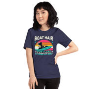 Tee with "Boar Hair Don't Care, But Where's My Drink?" and a woman on a jet ski against a retro sunset backdrop.