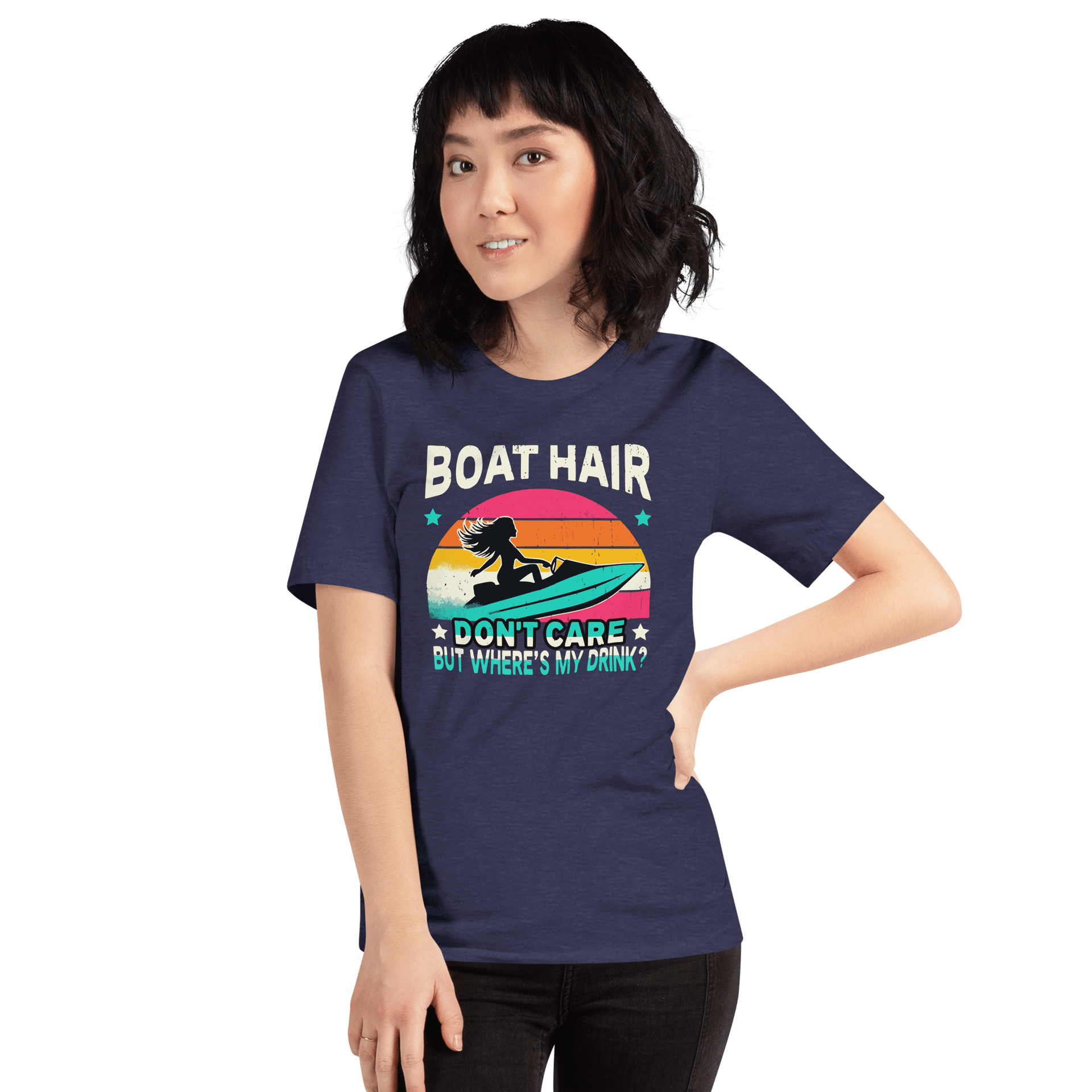 Tee with "Boar Hair Don't Care, But Where's My Drink?" and a woman on a jet ski against a retro sunset backdrop.