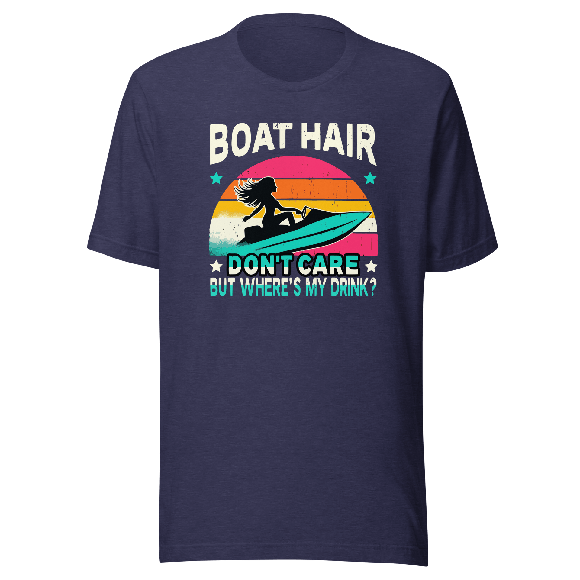 Tee with "Boar Hair Don't Care, But Where's My Drink?" and a woman on a jet ski against a retro sunset backdrop.