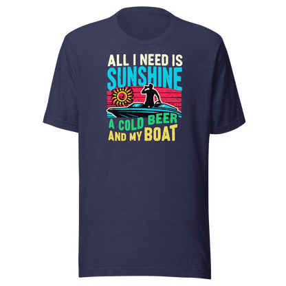 Tee featuring "All I Need Is Sunshine, a Cold Beer, and My Boat" with a man in a boat and a retro sunset in the background.