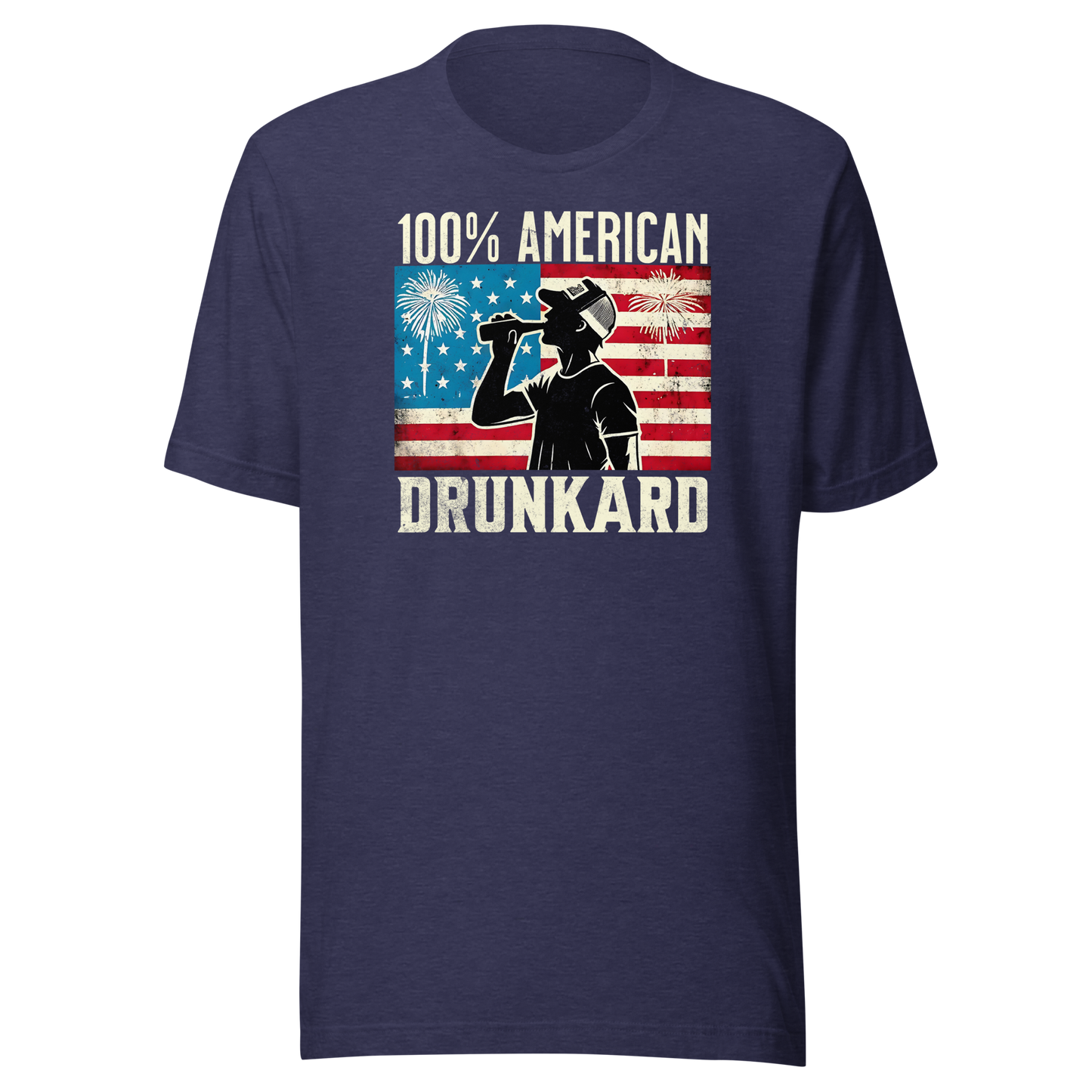 4th of July T-shirt with '100% American Drunkard' text, man drinking a bottle of beer wearing a trucker hat, and distressed American flag background