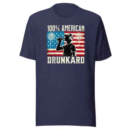 4th of July T-shirt with '100% American Drunkard' text, man drinking a bottle of beer wearing a trucker hat, and distressed American flag background