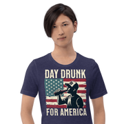 T-shirt with Day Drunk for America text, silhouette of a man drinking a bottle of beer, and distressed American flag background. Perfect for 4th of July.