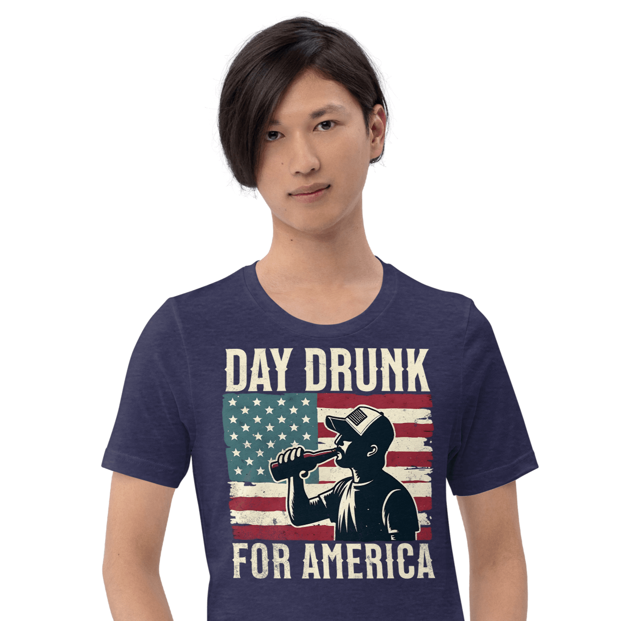 T-shirt with Day Drunk for America text, silhouette of a man drinking a bottle of beer, and distressed American flag background. Perfect for 4th of July.