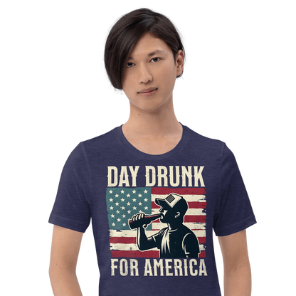 T-shirt with Day Drunk for America text, silhouette of a man drinking a bottle of beer, and distressed American flag background. Perfect for 4th of July.