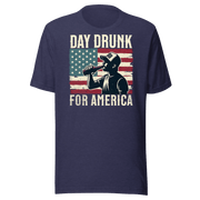 T-shirt with Day Drunk for America text, silhouette of a man drinking a bottle of beer, and distressed American flag background. Perfect for 4th of July.