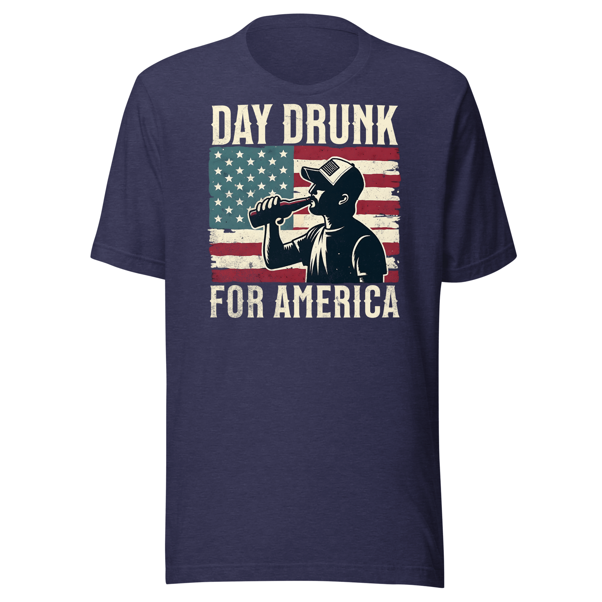 T-shirt with Day Drunk for America text, silhouette of a man drinking a bottle of beer, and distressed American flag background. Perfect for 4th of July.