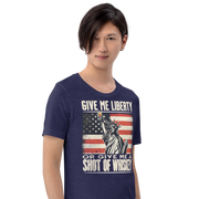 'Give Me Liberty or Give Me Whiskey' text, Statue of Liberty holding a shot glass, and distressed American flag background