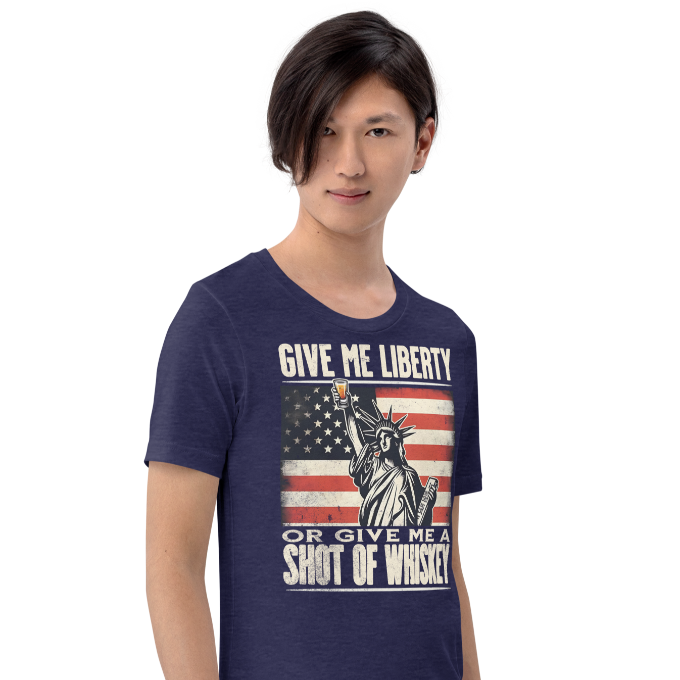 'Give Me Liberty or Give Me Whiskey' text, Statue of Liberty holding a shot glass, and distressed American flag background