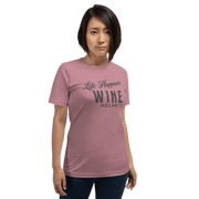 Life Happens Wine Helps Tee - Funny & Comfy ApparelEmbrace laid-back style with our "Life Happens Wine Helps" Tee. Perfect blend of humor & comfort in 100% cotton. Ideal for everyday wear. Shop now!