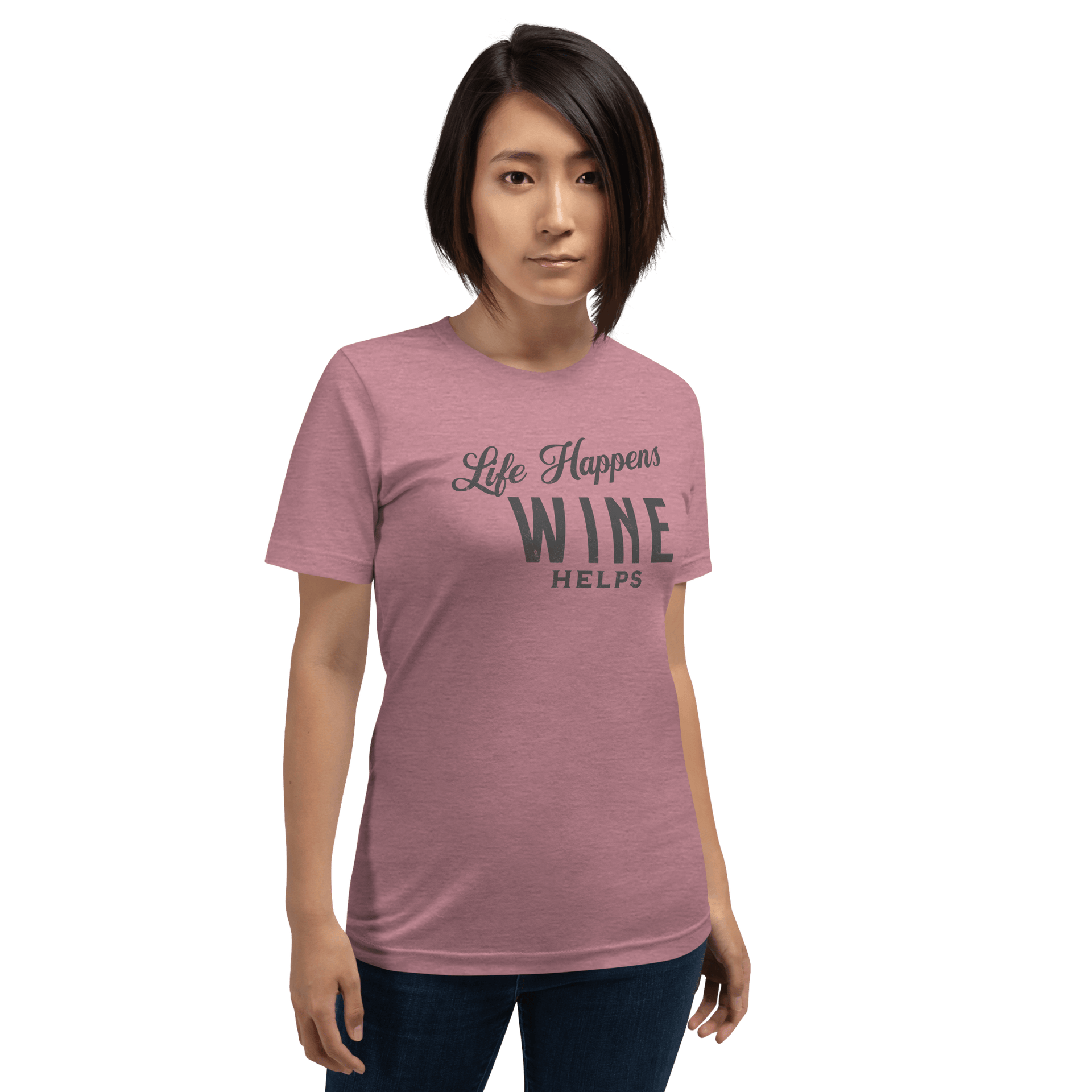 Life Happens Wine Helps Tee - Funny & Comfy ApparelEmbrace laid-back style with our "Life Happens Wine Helps" Tee. Perfect blend of humor & comfort in 100% cotton. Ideal for everyday wear. Shop now!