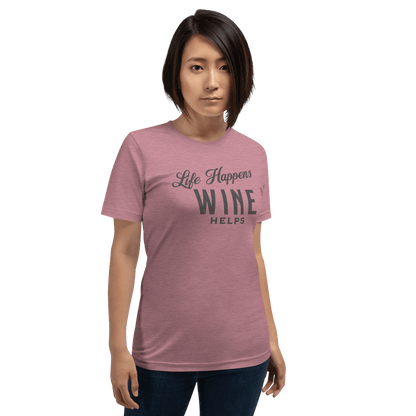 Life Happens Wine Helps Tee - Funny & Comfy ApparelEmbrace laid-back style with our "Life Happens Wine Helps" Tee. Perfect blend of humor & comfort in 100% cotton. Ideal for everyday wear. Shop now!