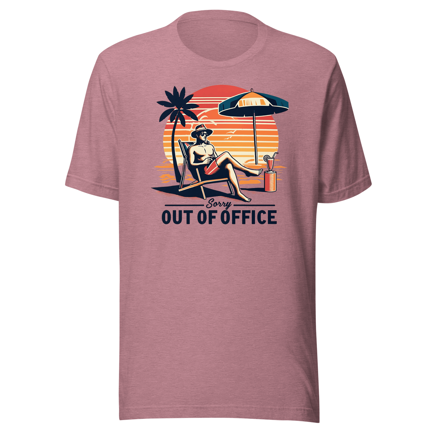 Man lounging in a beach chair with a cocktail, wearing our 'Sorry, Out of Office' vintage tee against a retro sunset backdrop.