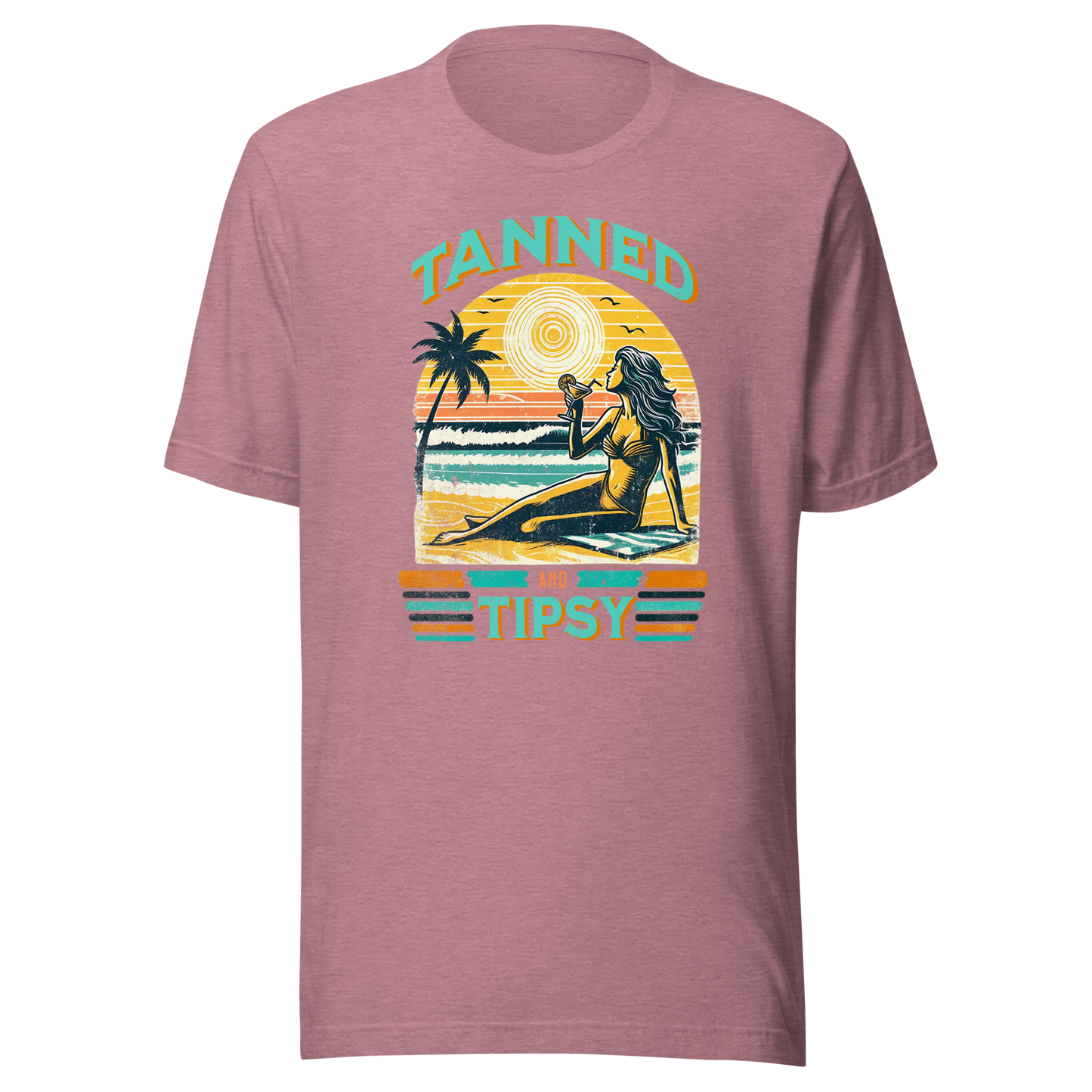 Vintage-inspired 'Tanned and Tipsy' tee with a woman sipping a cocktail on a beach at sunset, perfect for beach drinking and summer parties.