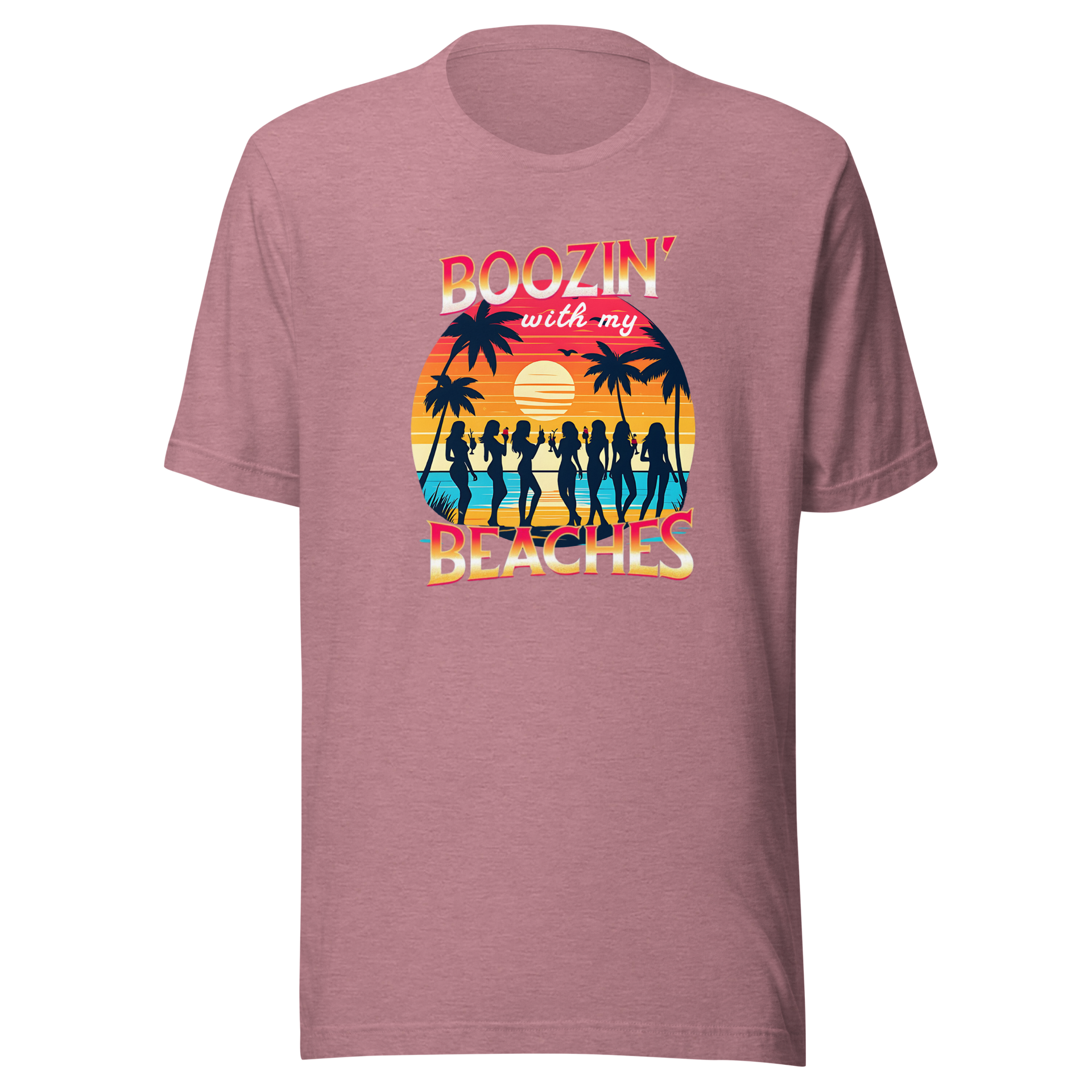 Silhouettes of women drinking cocktails on the beach at sunset in 'Boozin' with My Beaches' tee.