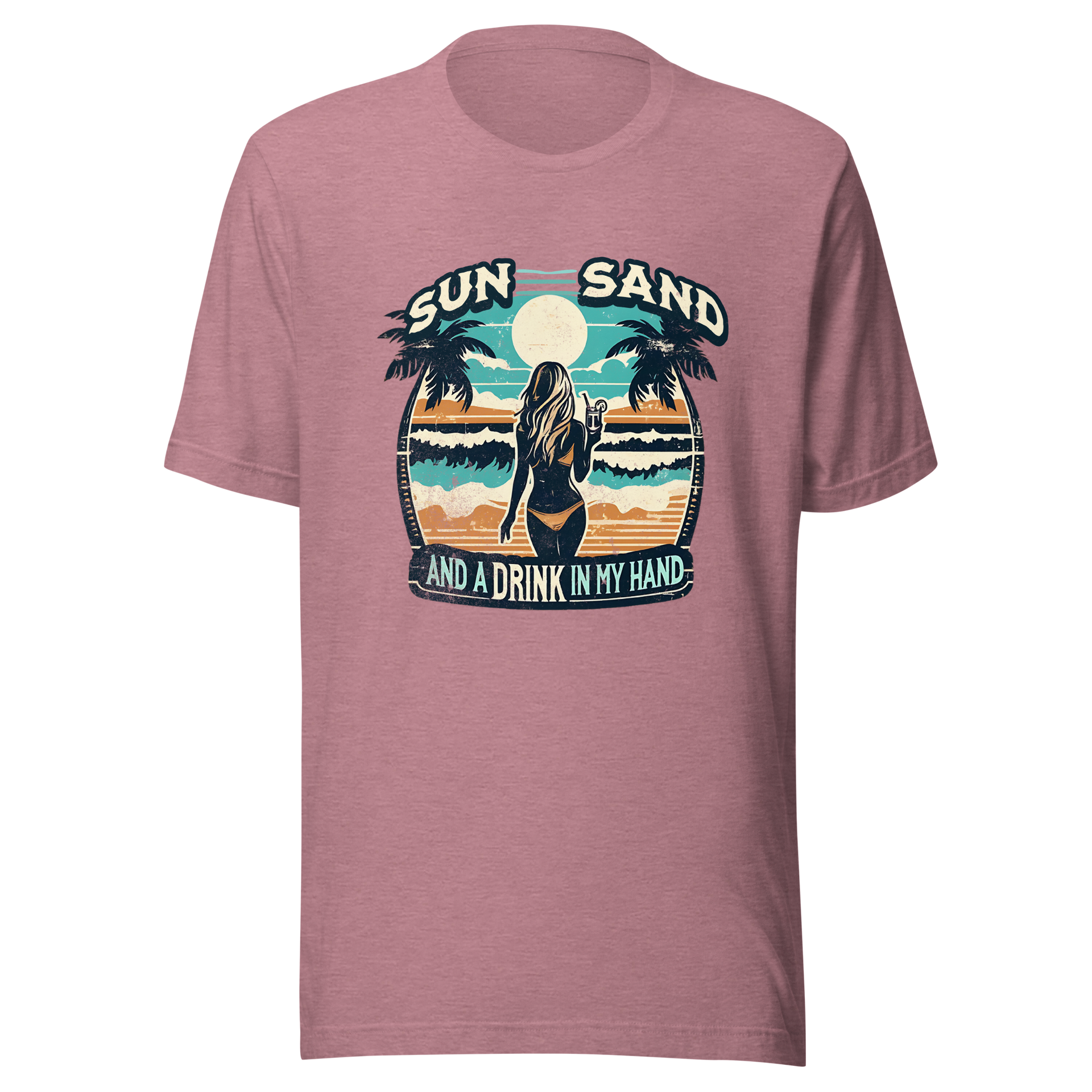 Woman with cocktail on beach on 'Sun, Sand, and a Drink in My Hand' tee, showcasing ocean and sun background