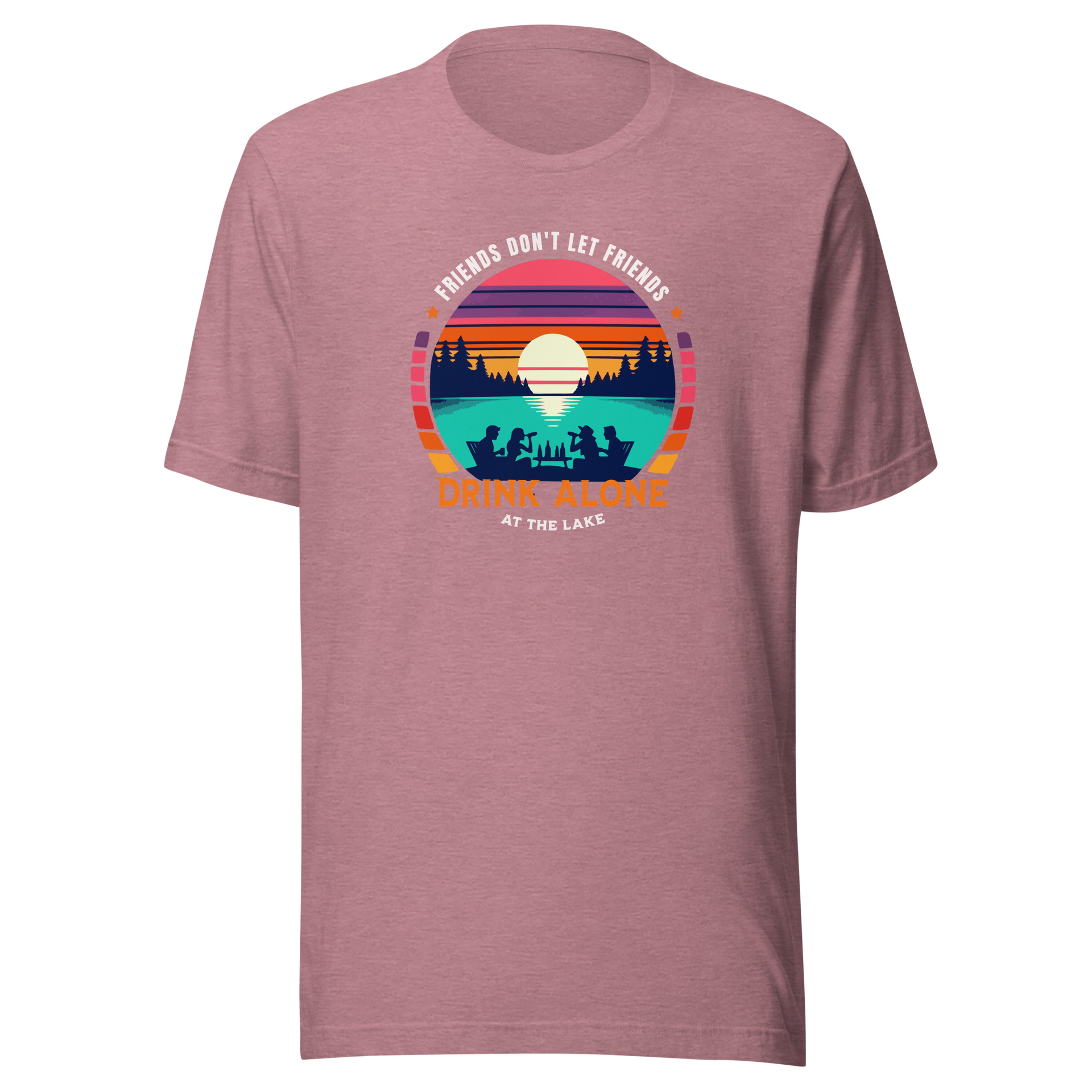 Tee showcasing "Friends Don't Let Friends Drink Alone at the Lake" with a retro sunset and lake scene.