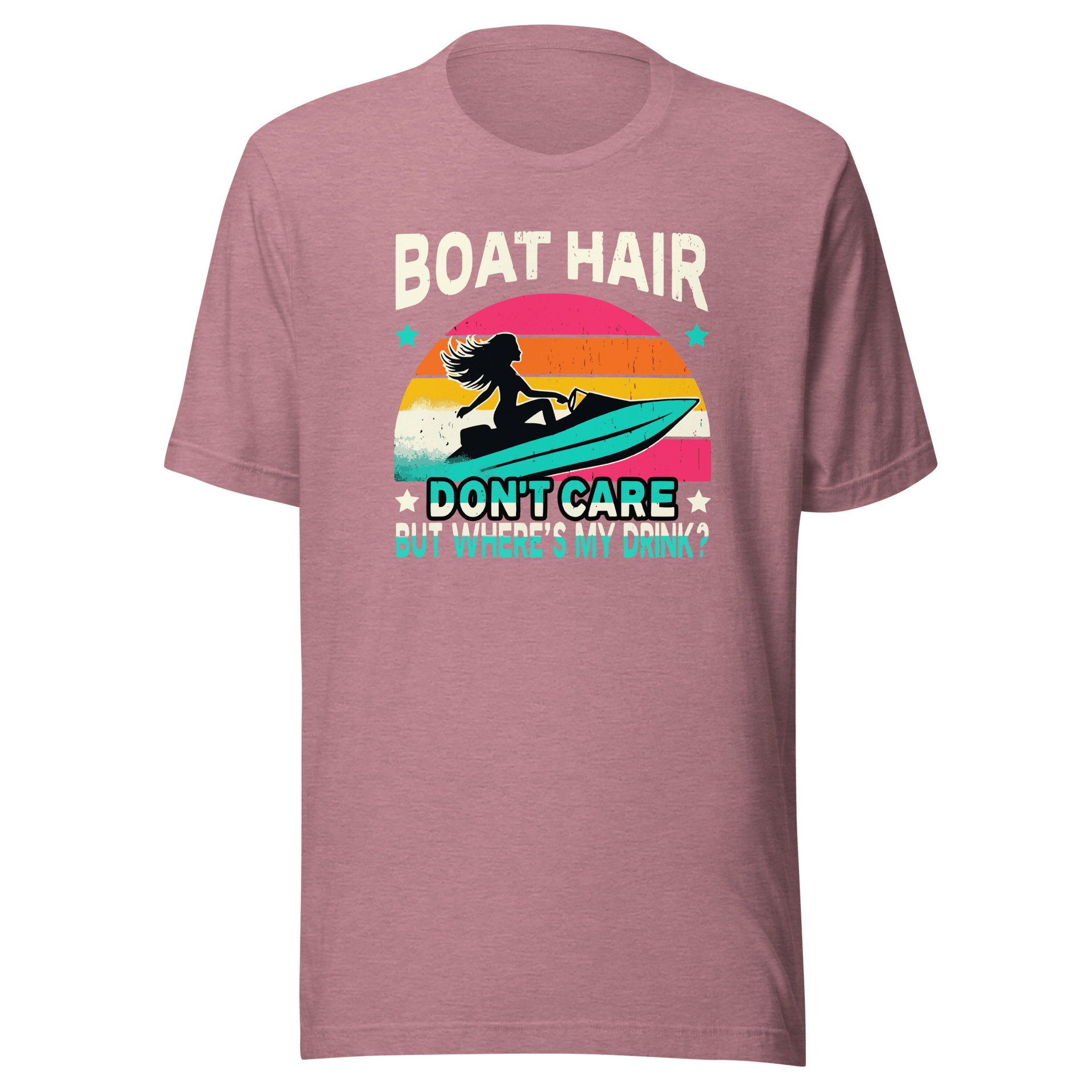 Tee with "Boar Hair Don't Care, But Where's My Drink?" and a woman on a jet ski against a retro sunset backdrop.