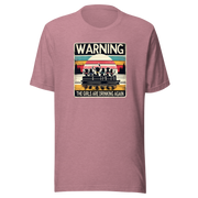 Tee showing "Warning: The Girls Are Drinking Again" with an image of girls on a pontoon boat enjoying drinks at sunset.