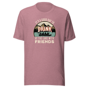 Tee with "It's a Good Day to Drink at the Lake with Friends," showing people drinking on a boat, with lake and mountain views.