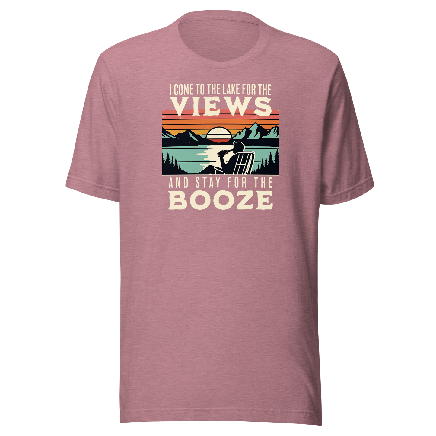 Tee showing "I Come to the Lake for the Views and Stay for the Booze," with a man in a beach chair, lake, and retro sunset.