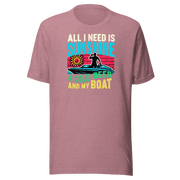 Tee featuring "All I Need Is Sunshine, a Cold Beer, and My Boat" with a man in a boat and a retro sunset in the background.