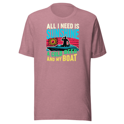 Tee featuring "All I Need Is Sunshine, a Cold Beer, and My Boat" with a man in a boat and a retro sunset in the background.