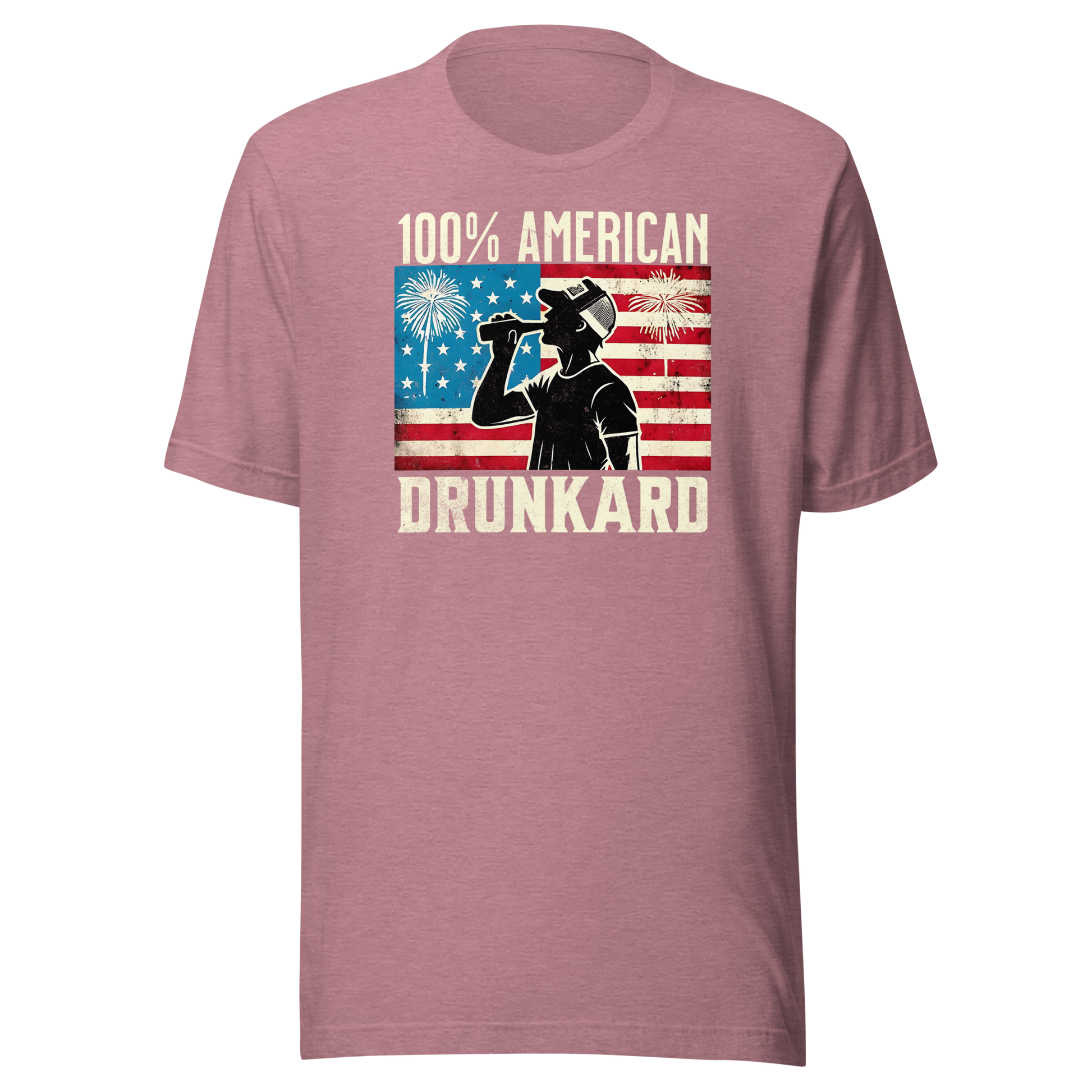 4th of July T-shirt with '100% American Drunkard' text, man drinking a bottle of beer wearing a trucker hat, and distressed American flag background