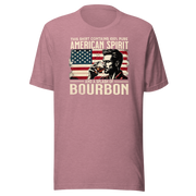 Tee with 'This Shirt Contains 100% American Spirit and a Splash of Bourbon' text, man drinking a glass of bourbon, and distressed American flag background