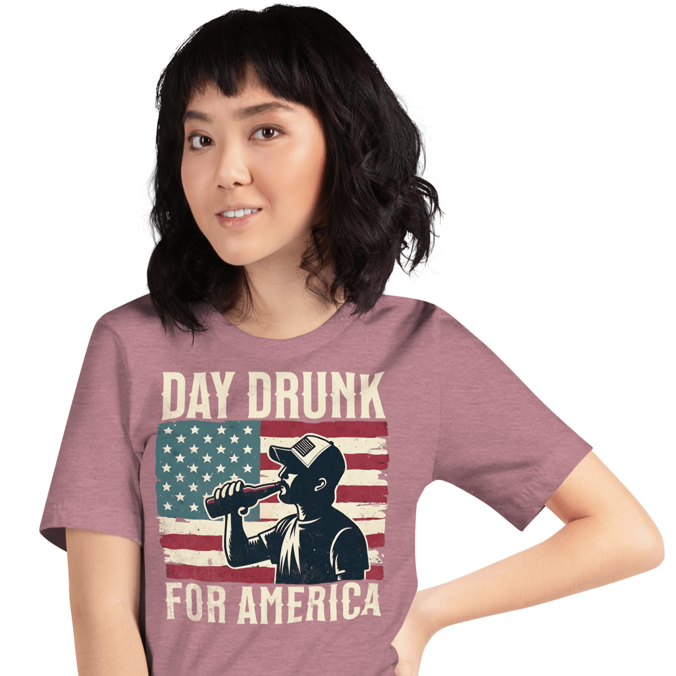 T-shirt with Day Drunk for America text, silhouette of a man drinking a bottle of beer, and distressed American flag background. Perfect for 4th of July.