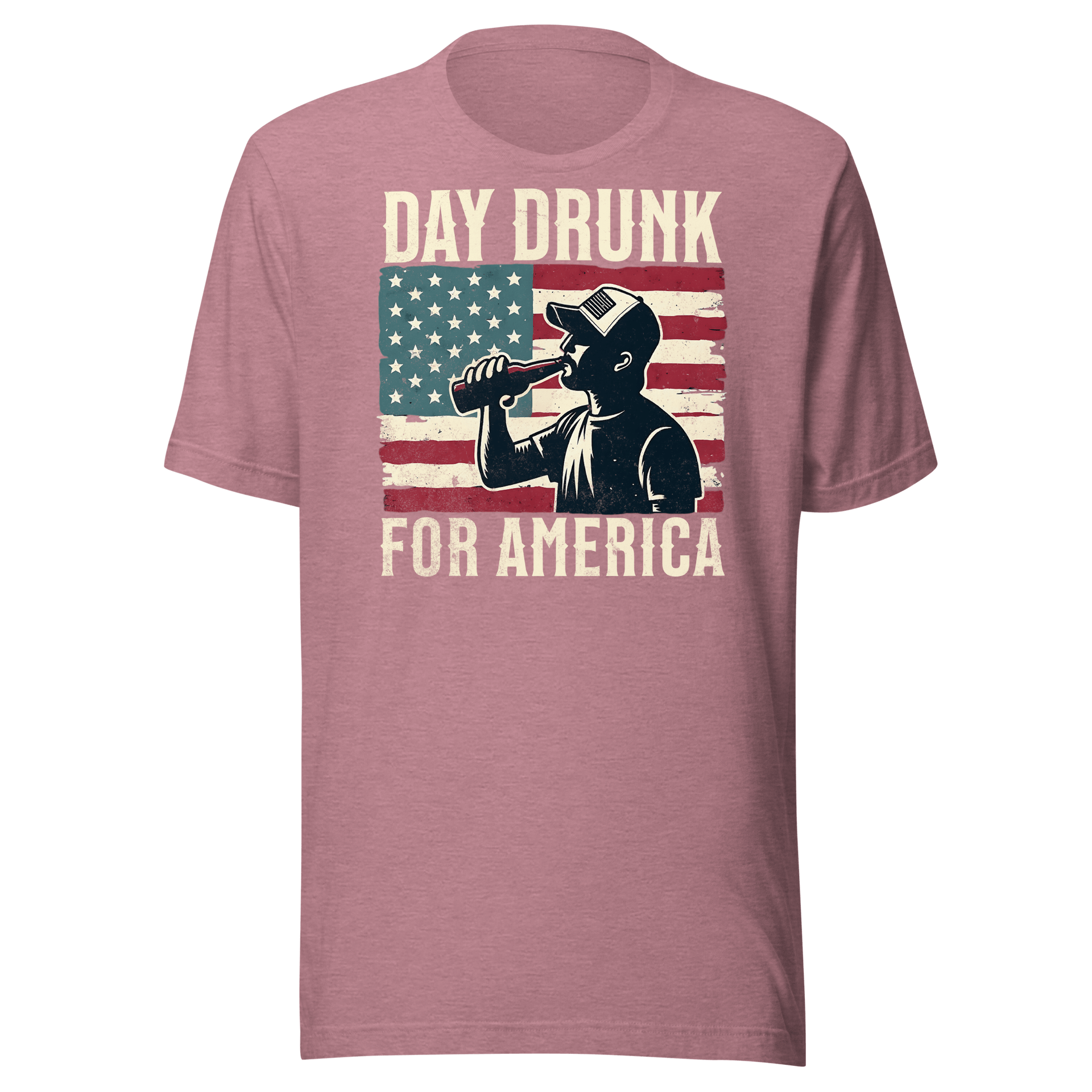 T-shirt with Day Drunk for America text, silhouette of a man drinking a bottle of beer, and distressed American flag background. Perfect for 4th of July.