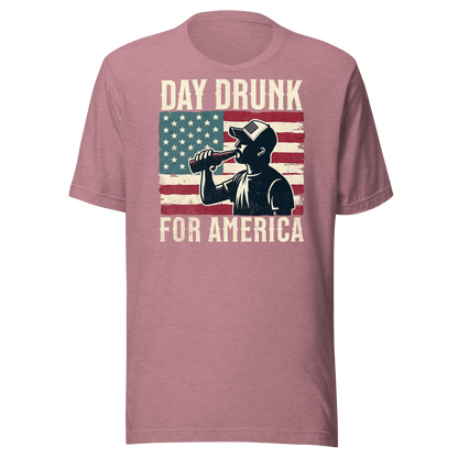 T-shirt with Day Drunk for America text, silhouette of a man drinking a bottle of beer, and distressed American flag background. Perfect for 4th of July.