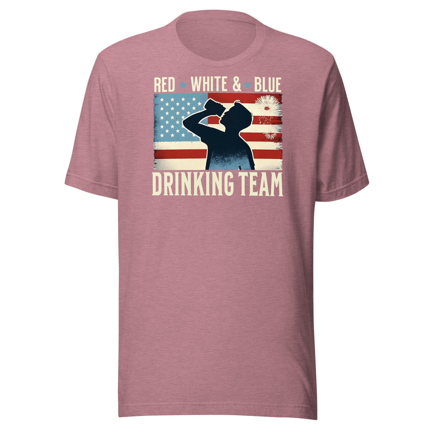 T-shirt with Red White and Blue Drinking Team text, man drinking beer, and distressed American flag background. Perfect for 4th of July.