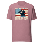 T-shirt with Red White and Blue Drinking Team text, man drinking beer, and distressed American flag background. Perfect for 4th of July.