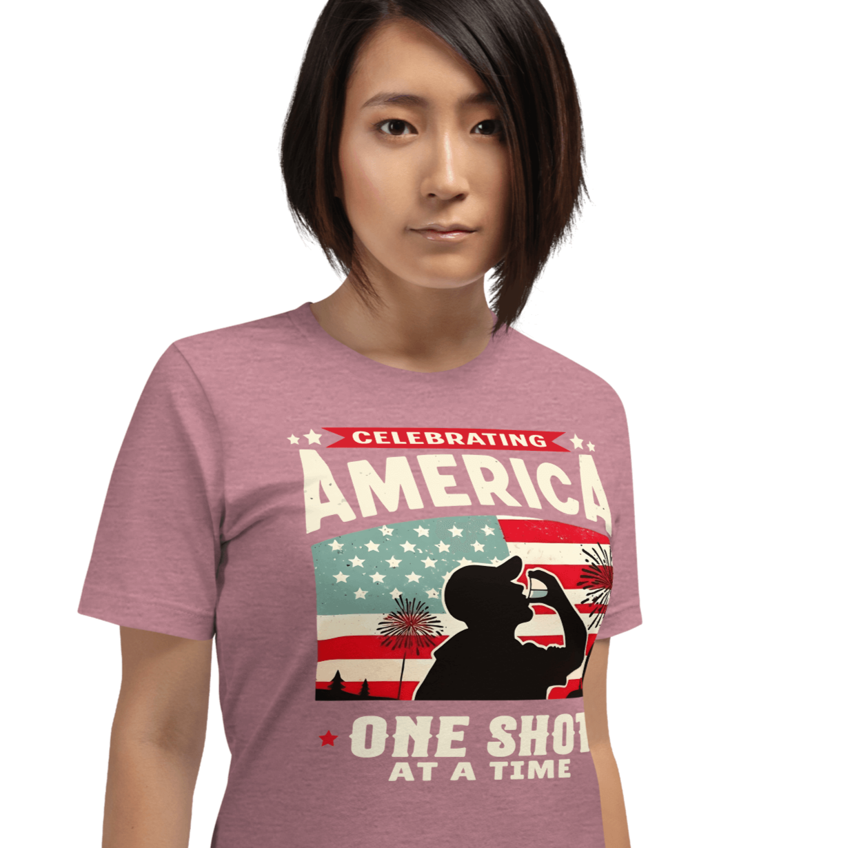 T-shirt with Celebrating America One Shot at a Time text, silhouette of a man drinking a shot, and distressed American flag background. Perfect for 4th of July.