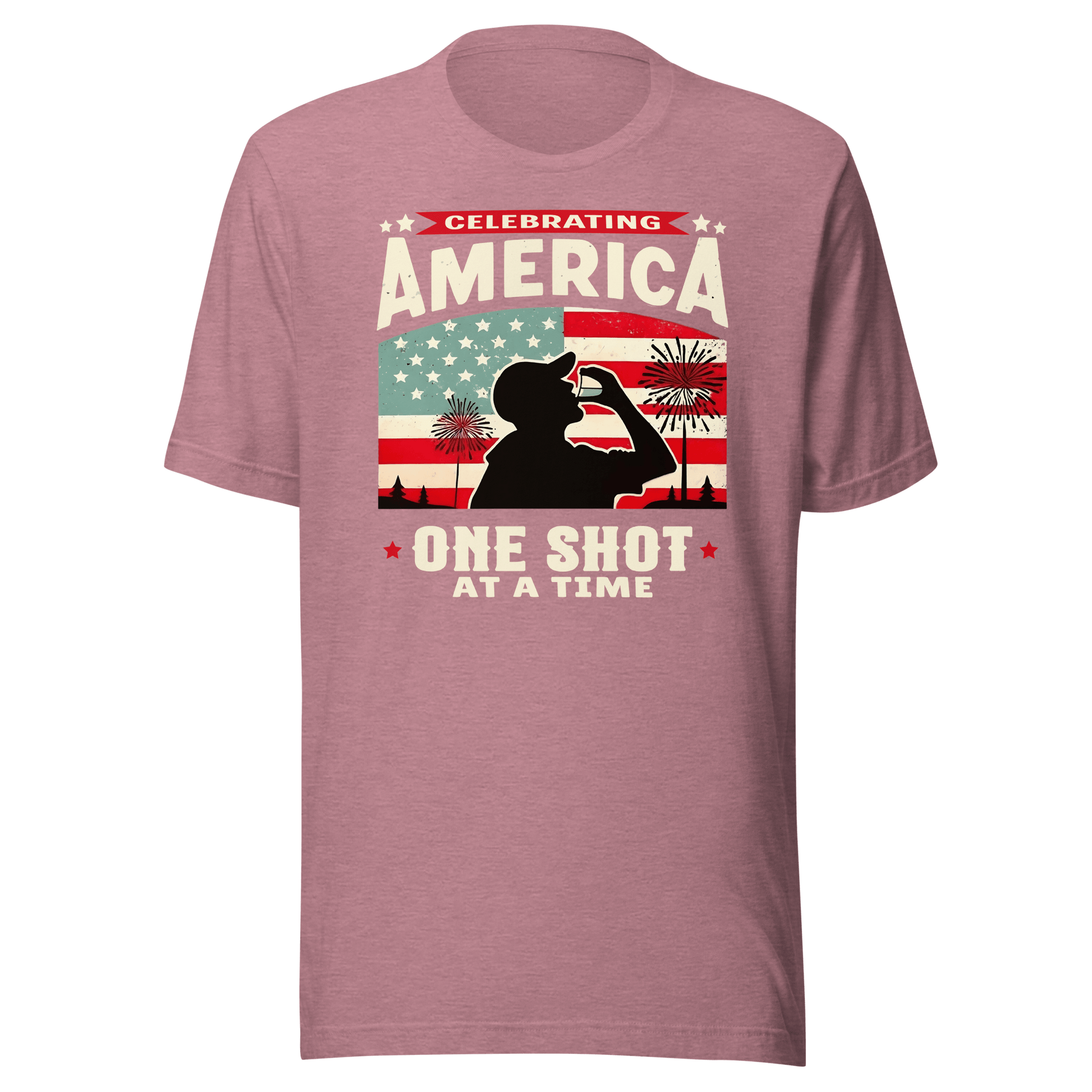 T-shirt with Celebrating America One Shot at a Time text, silhouette of a man drinking a shot, and distressed American flag background. Perfect for 4th of July.