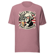 T-shirt with Let's Get This Party Founded text, George Washington drinking a beer, and distressed American flag background. Perfect for 4th of July.