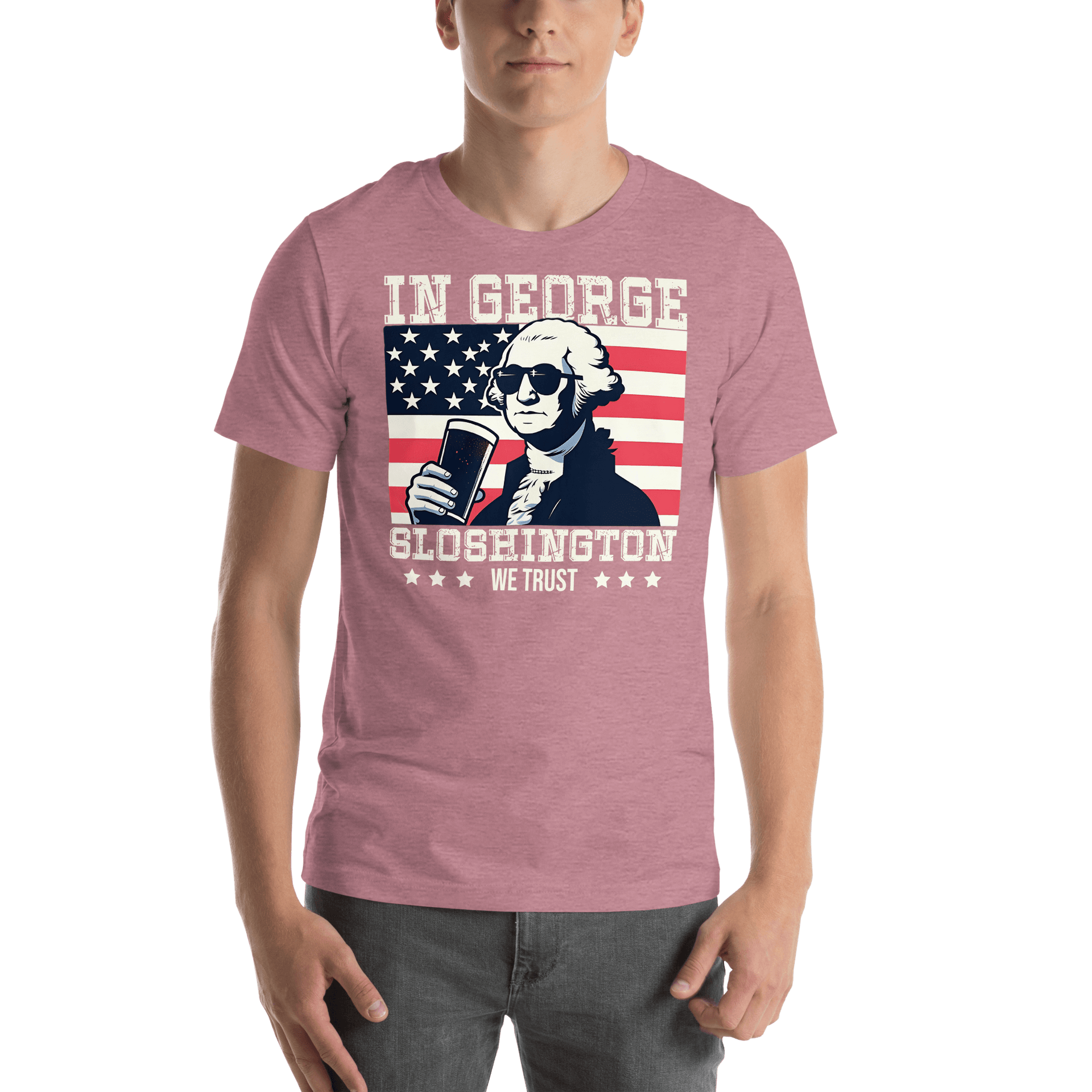 T-shirt with In George Sloshington We Trust text, image of George Washington drinking a beer, and distressed American flag background. Perfect for 4th of July.