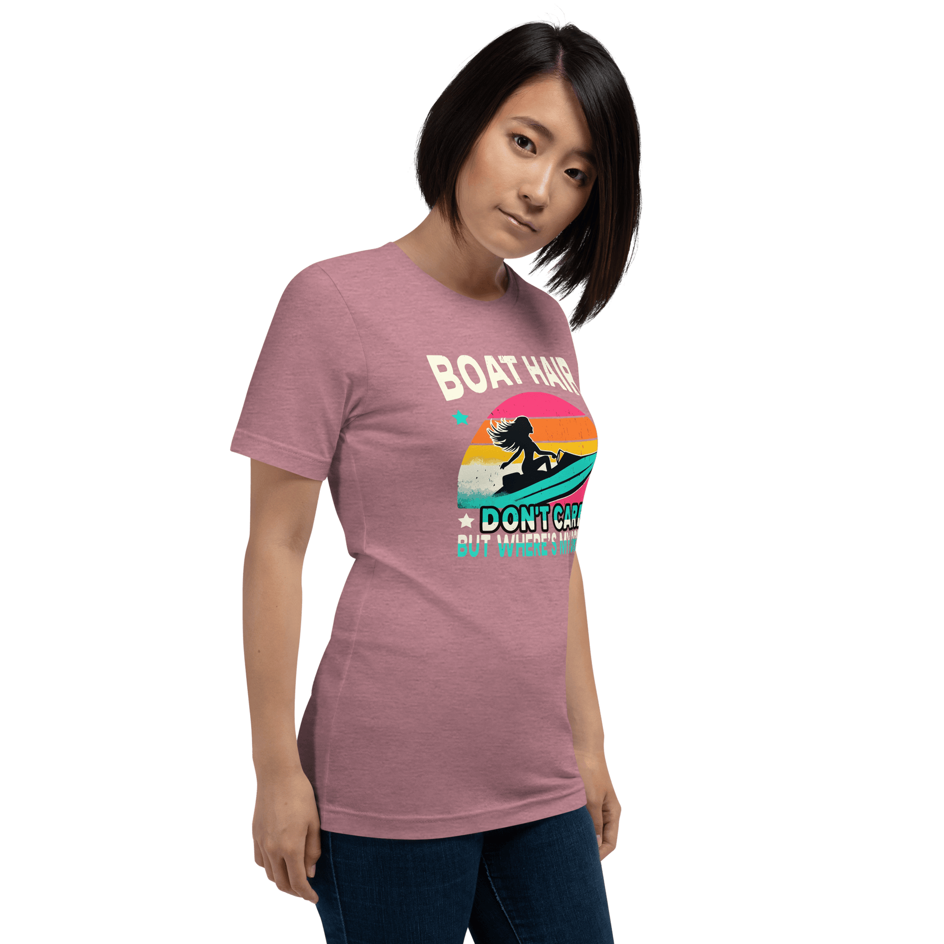 Tee with "Boar Hair Don't Care, But Where's My Drink?" and a woman on a jet ski against a retro sunset backdrop.