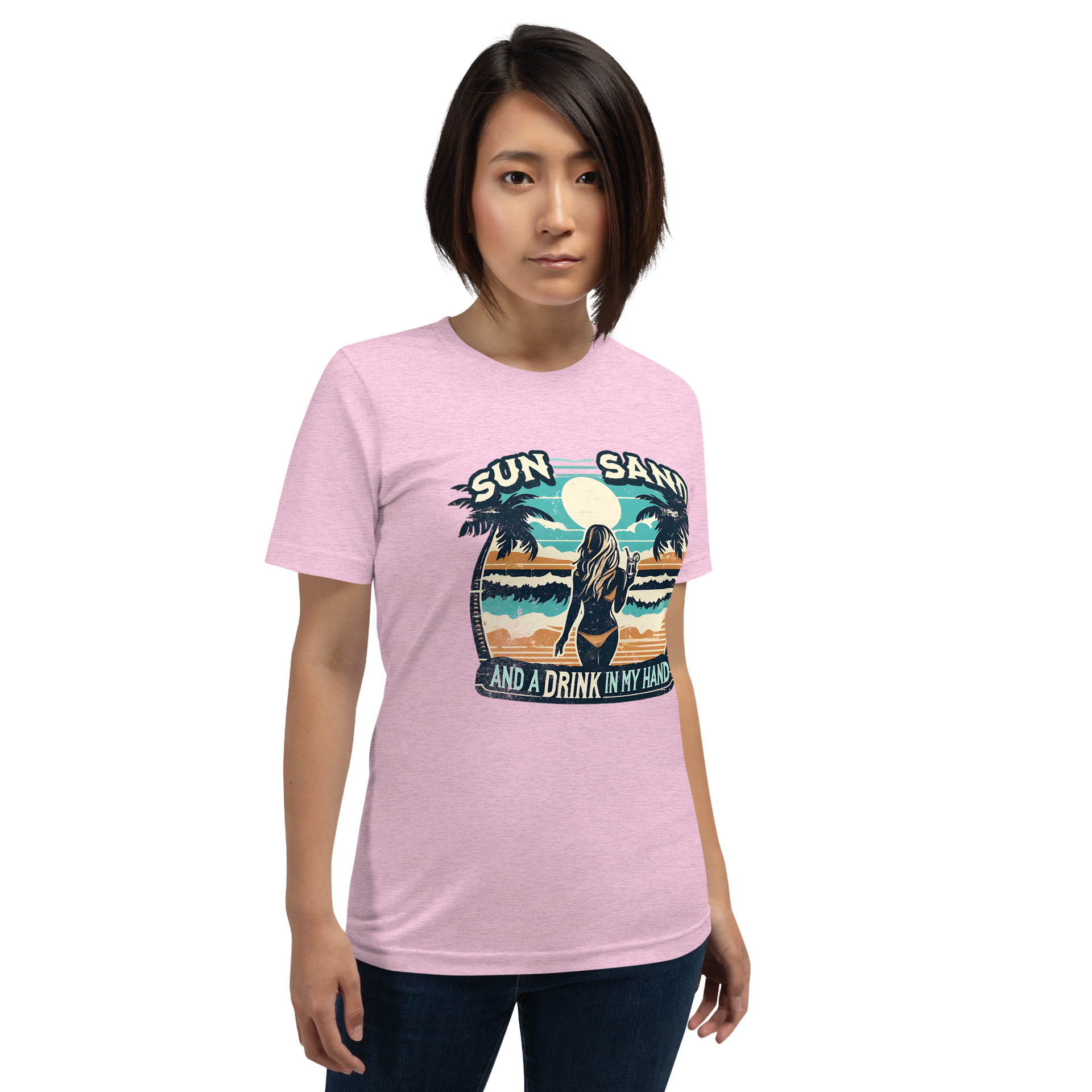 Woman with cocktail on beach on 'Sun, Sand, and a Drink in My Hand' tee, showcasing ocean and sun background