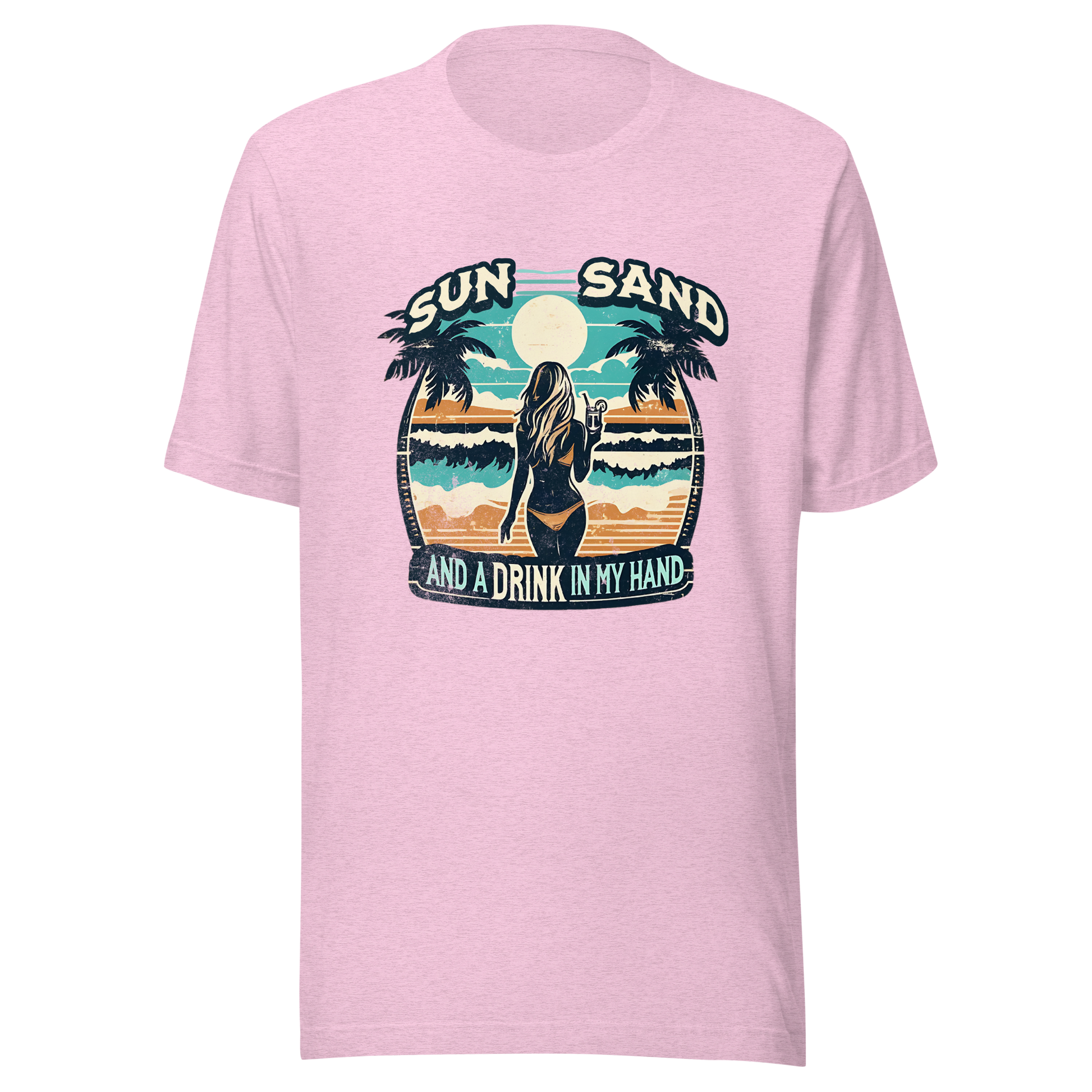 Woman with cocktail on beach on 'Sun, Sand, and a Drink in My Hand' tee, showcasing ocean and sun background