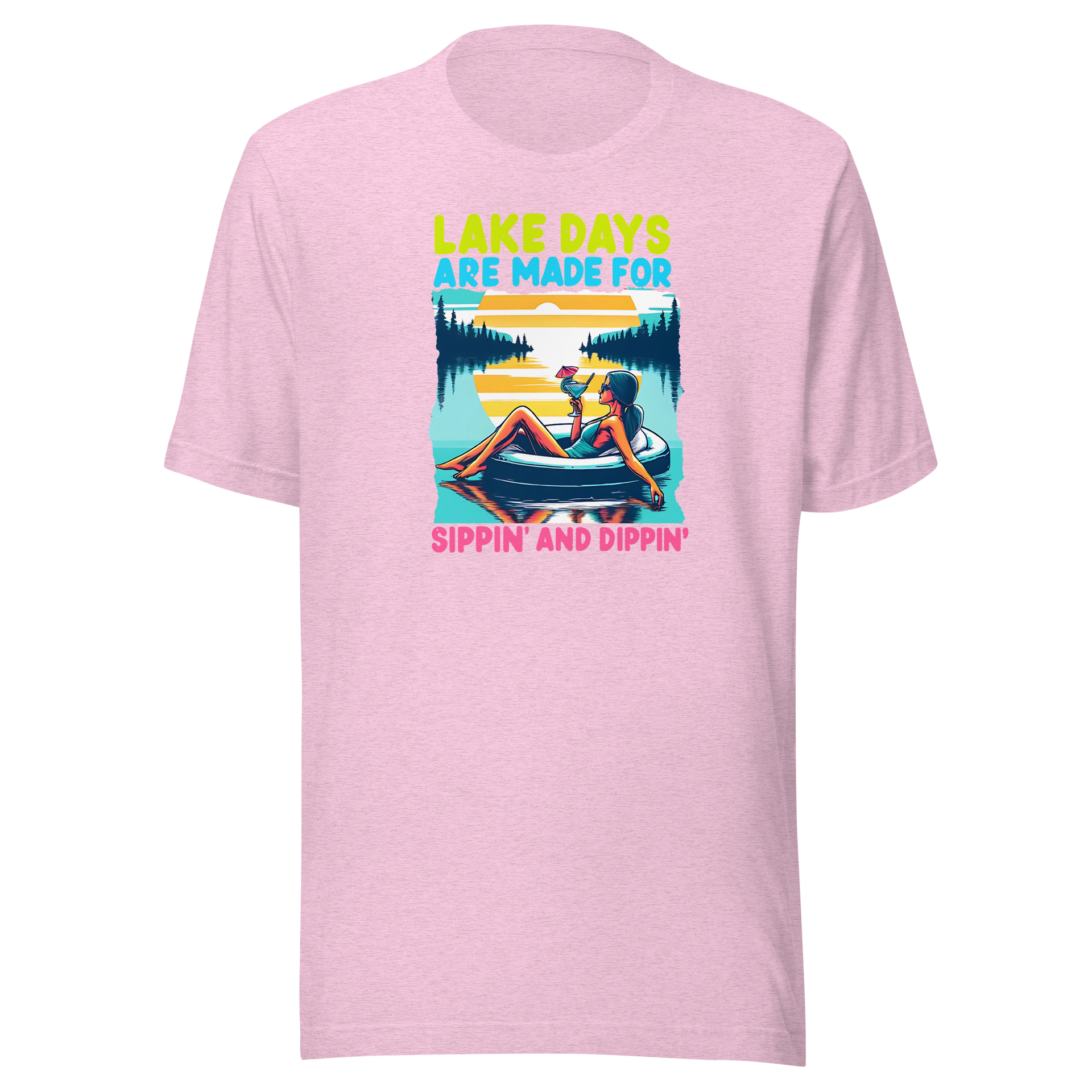 Tee with "Lake Days Are Made for Sipping and Dipping," featuring a woman on a tube float with a cocktail, lake and sunset backdrop.