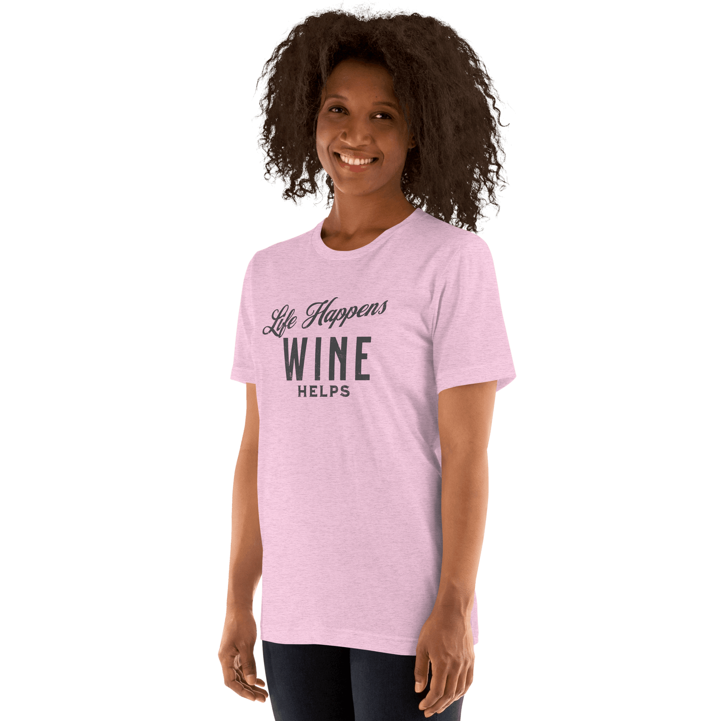 Life Happens Wine Helps Tee - Funny & Comfy ApparelEmbrace laid-back style with our "Life Happens Wine Helps" Tee. Perfect blend of humor & comfort in 100% cotton. Ideal for everyday wear. Shop now!