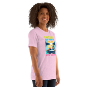 Tee with "Lake Days Are Made for Sipping and Dipping," featuring a woman on a tube float with a cocktail, lake and sunset backdrop.