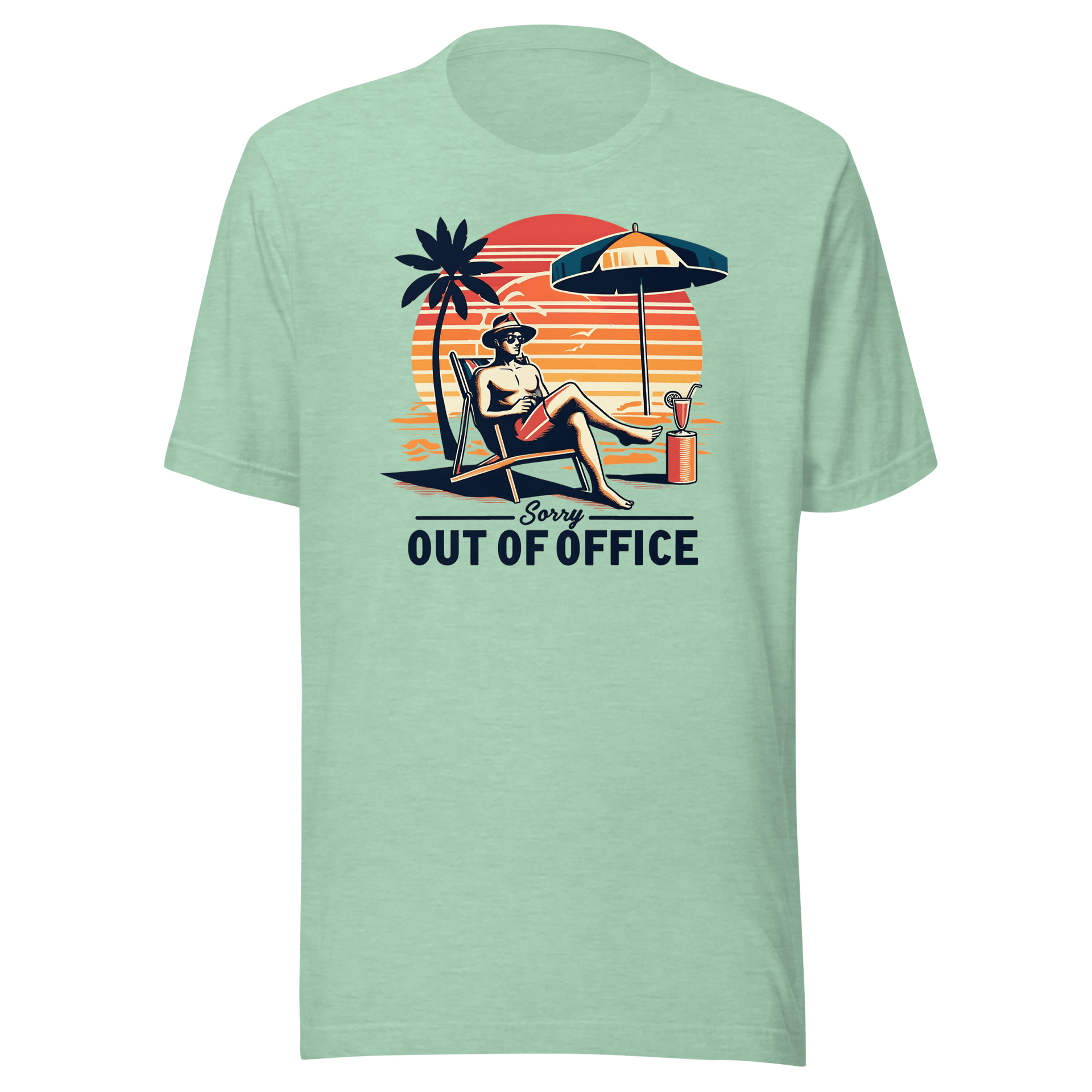 Man lounging in a beach chair with a cocktail, wearing our 'Sorry, Out of Office' vintage tee against a retro sunset backdrop.