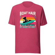 Tee with "Boar Hair Don't Care, But Where's My Drink?" and a woman on a jet ski against a retro sunset backdrop.