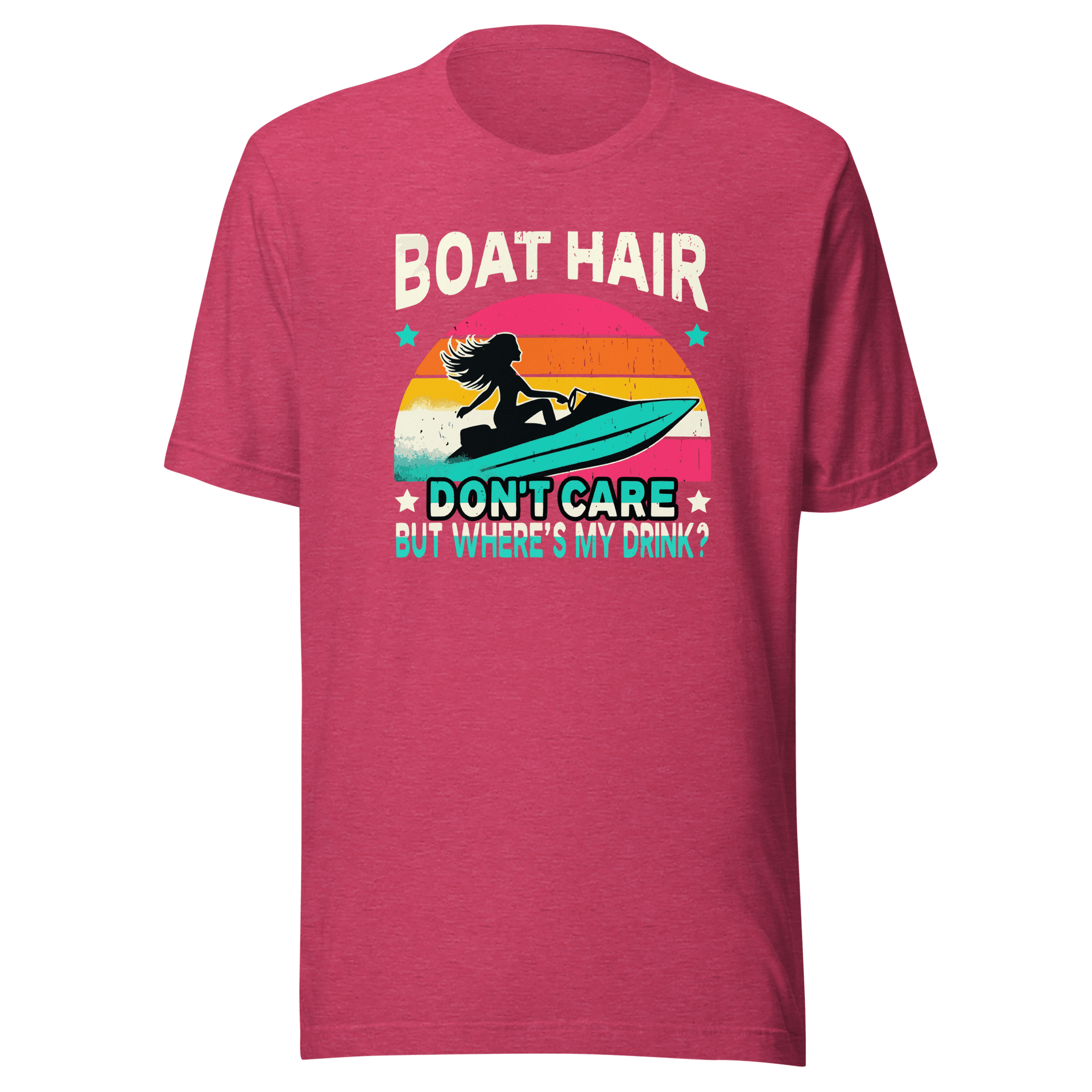 Tee with "Boar Hair Don't Care, But Where's My Drink?" and a woman on a jet ski against a retro sunset backdrop.